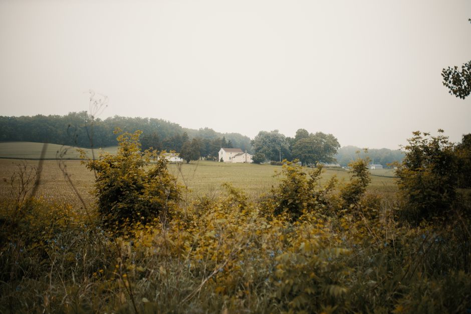 Peaceful rural landscape with a distant house and lush greenery in autumn.