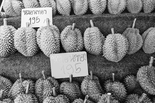 Black and white photo of durians displayed in a market setting with handwritten price tags.