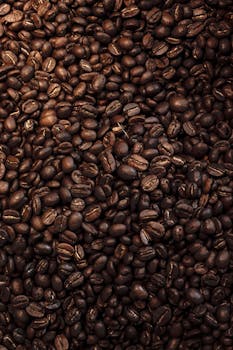 A detailed close-up photo displaying the rich texture of roasted coffee beans.