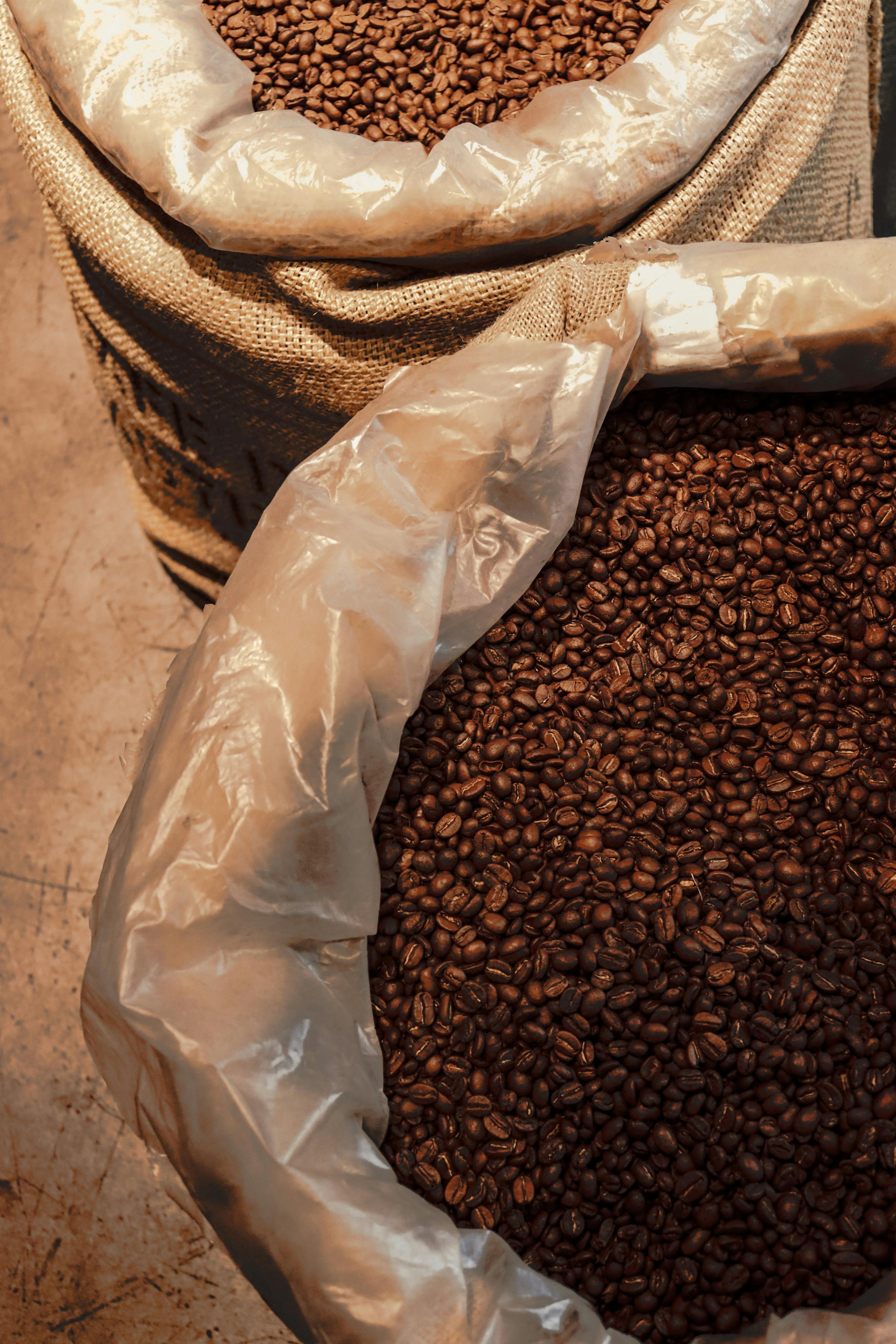 High angle view of roasted coffee beans in burlap sacks, perfect for illustrating coffee supply chain concepts.