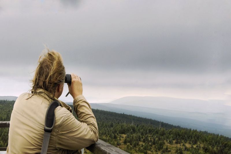 Person scanning a misty landscape through hand-held binoculars — photo by Ryszard Zaleski on Pexels