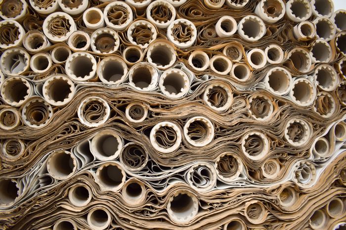 Rolled paper reels at a manufacturing facility