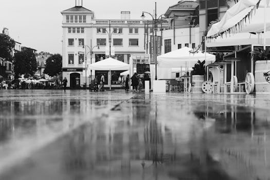 黑白照片中是一条下雨的城市街道，街道上有倒影和行走的人们