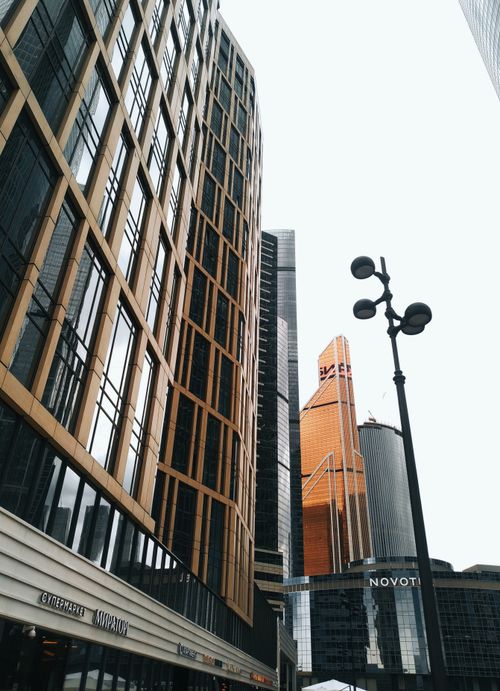 Free High-rise skyscrapers in the modern Moscow cityscape, showcasing architectural design. Stock Photo
