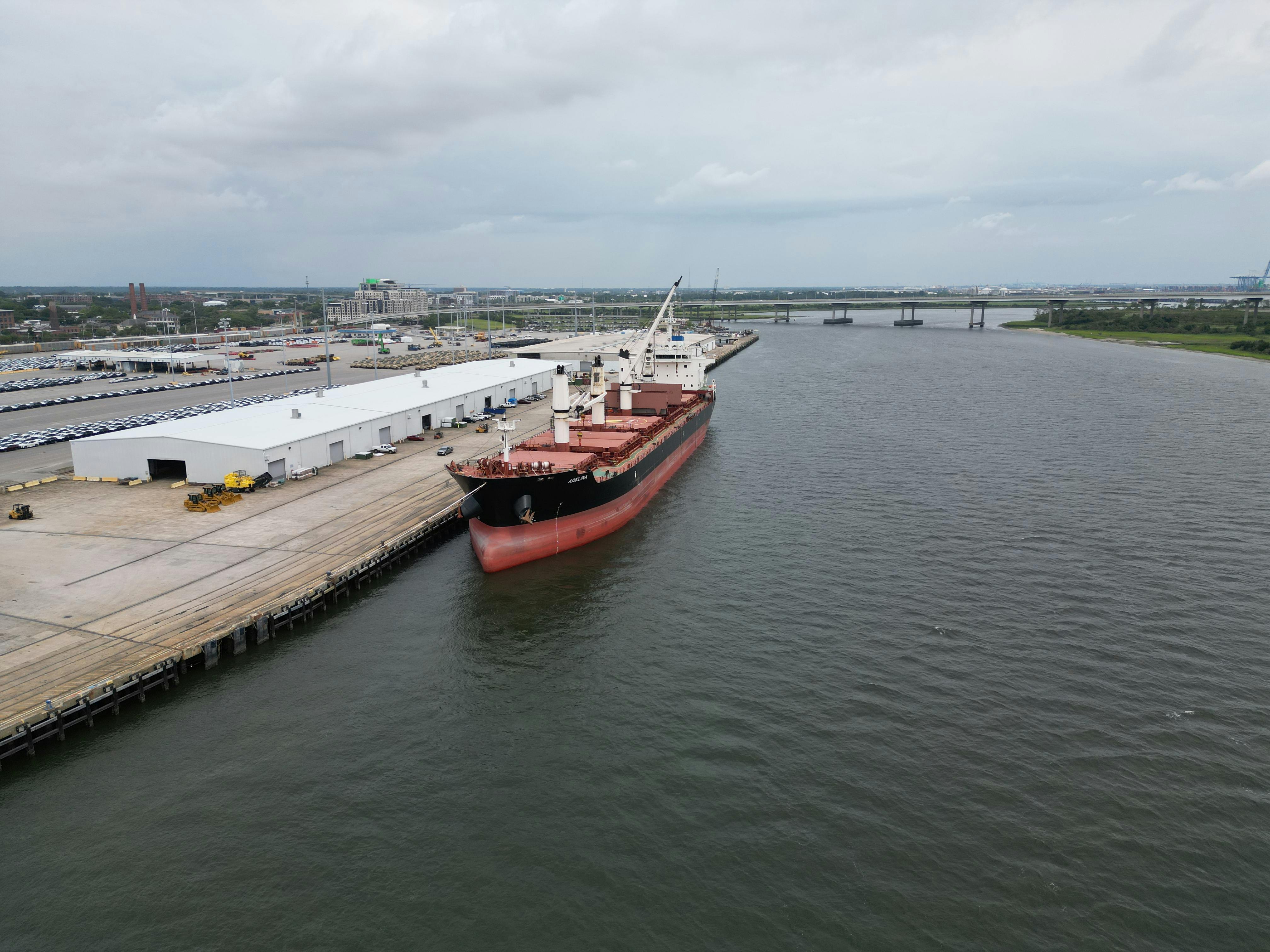 Aerial view of a cargo ship docked at Charleston Harbor, SC.