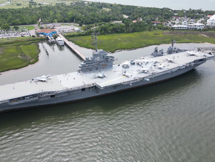 Drone Shots Of USS Yorktown Aircraft Carrier