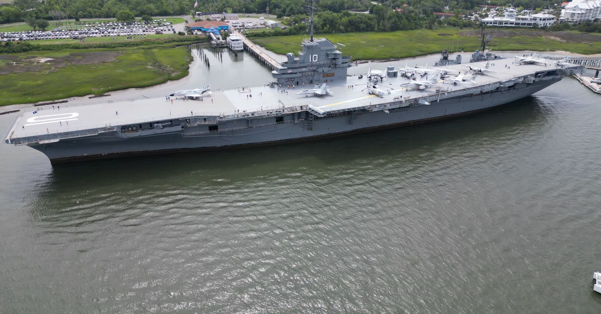 Aerial view of the USS Yorktown aircraft carrier docked in Mount Pleasant, South Carolina.