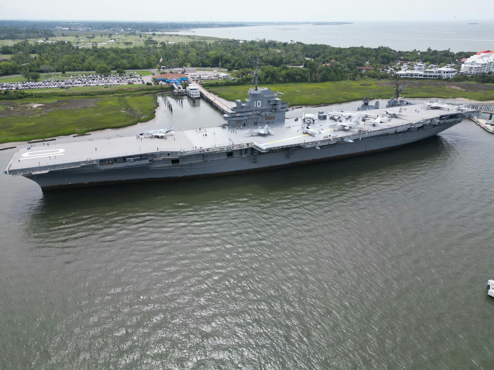 Aerial view of the USS Yorktown aircraft carrier docked in Mount Pleasant, South Carolina.