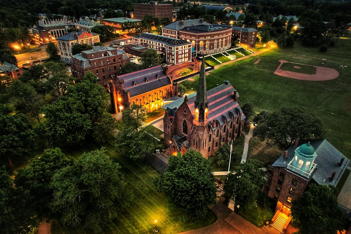 Overhead View of Lit-up Traditional Buildings in Connecticut