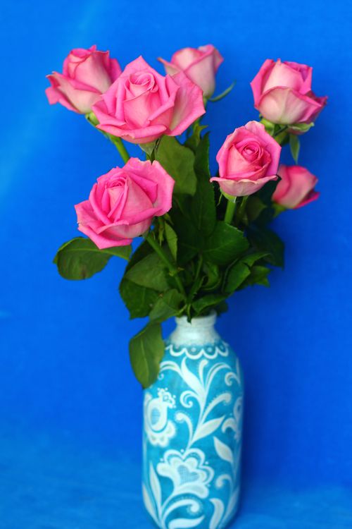 Free A striking arrangement of pink roses in a blue ceramic vase against a bright blue background. Stock Photo