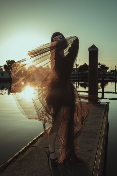Silhouette of Woman in Brown Dress Standing Near Body of Water during ...