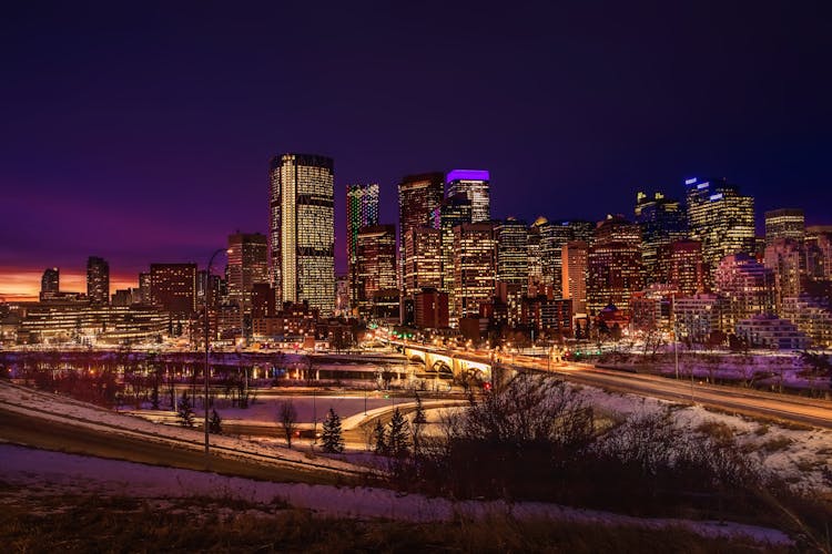 City Skyline At Night In Calgary, Canada