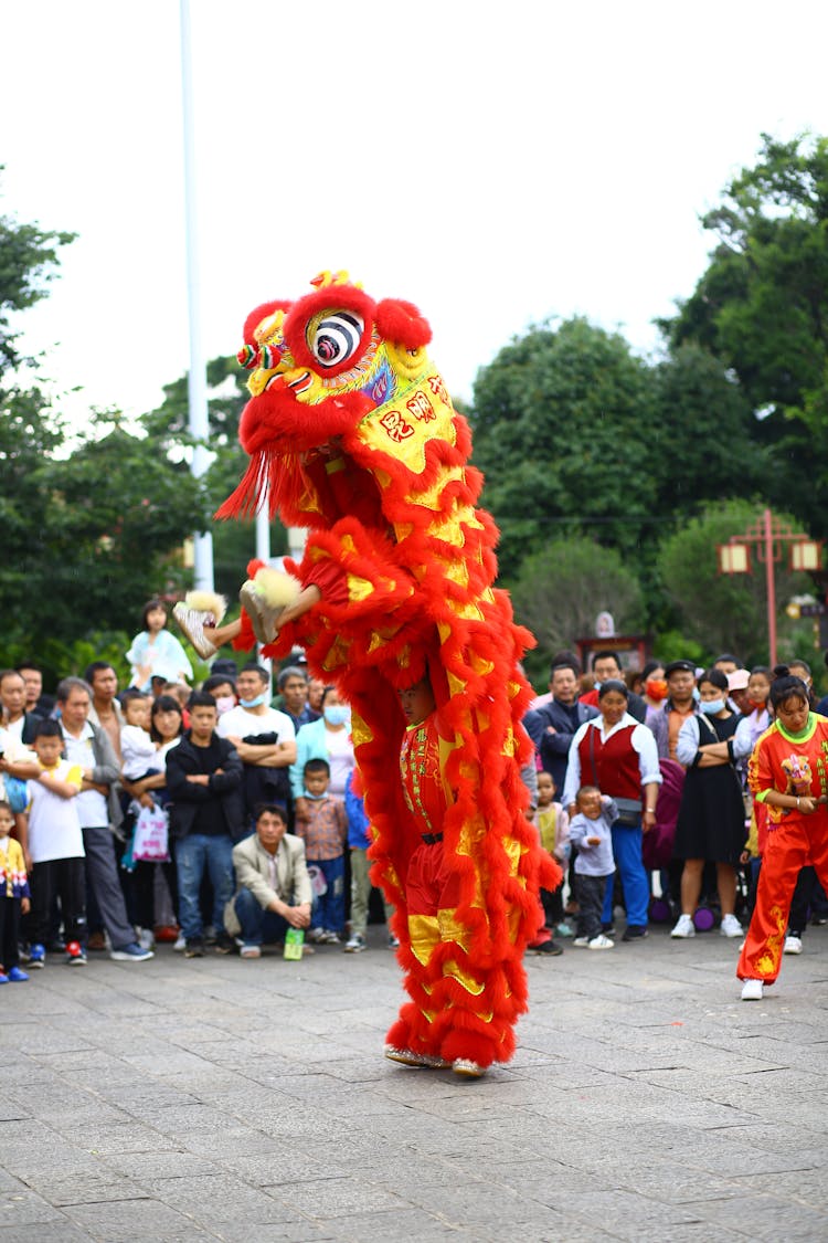 Festival Performance With Chinese Dragon, And Crowd