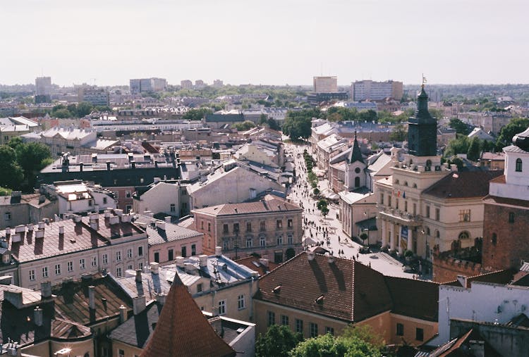 Aerial View Of New Town Hall Near City Buildings In Lublin, Poland