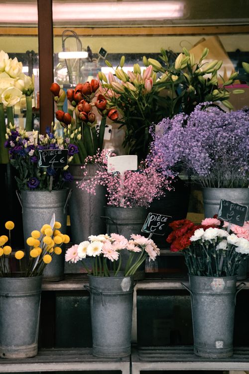 Free A vibrant Parisian flower stand displaying diverse blooms in rustic metal buckets. Stock Photo