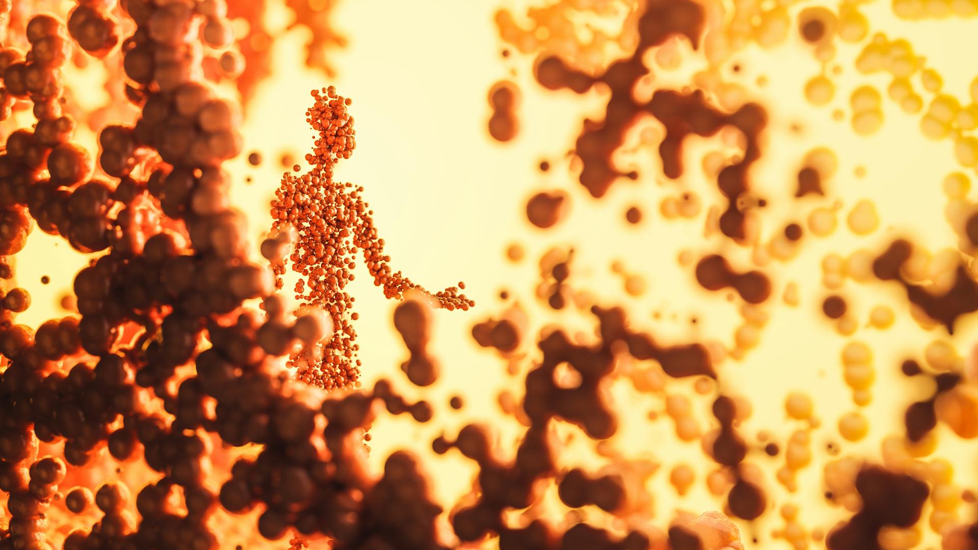 3D rendered digital artwork featuring an abstract human form composed of orange molecules.