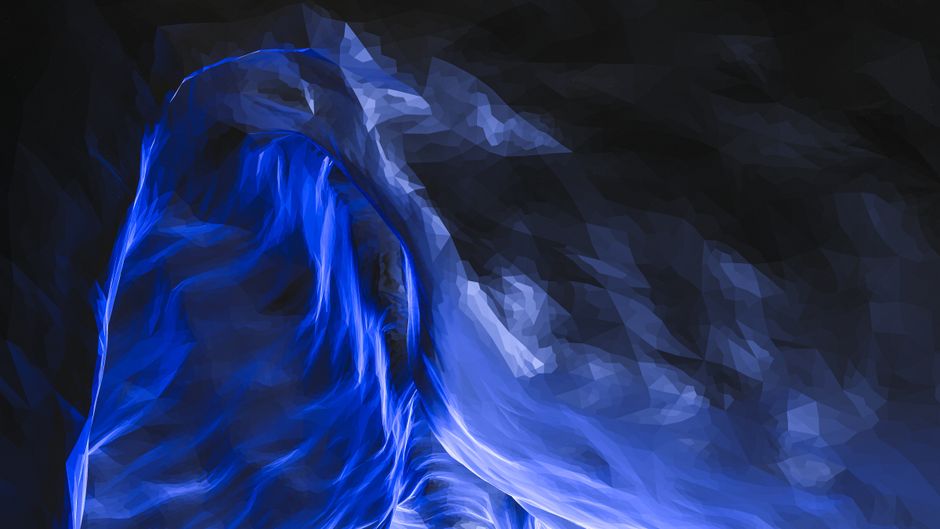 Abstract image featuring blue and black geometric shapes creating a wave-like effect.