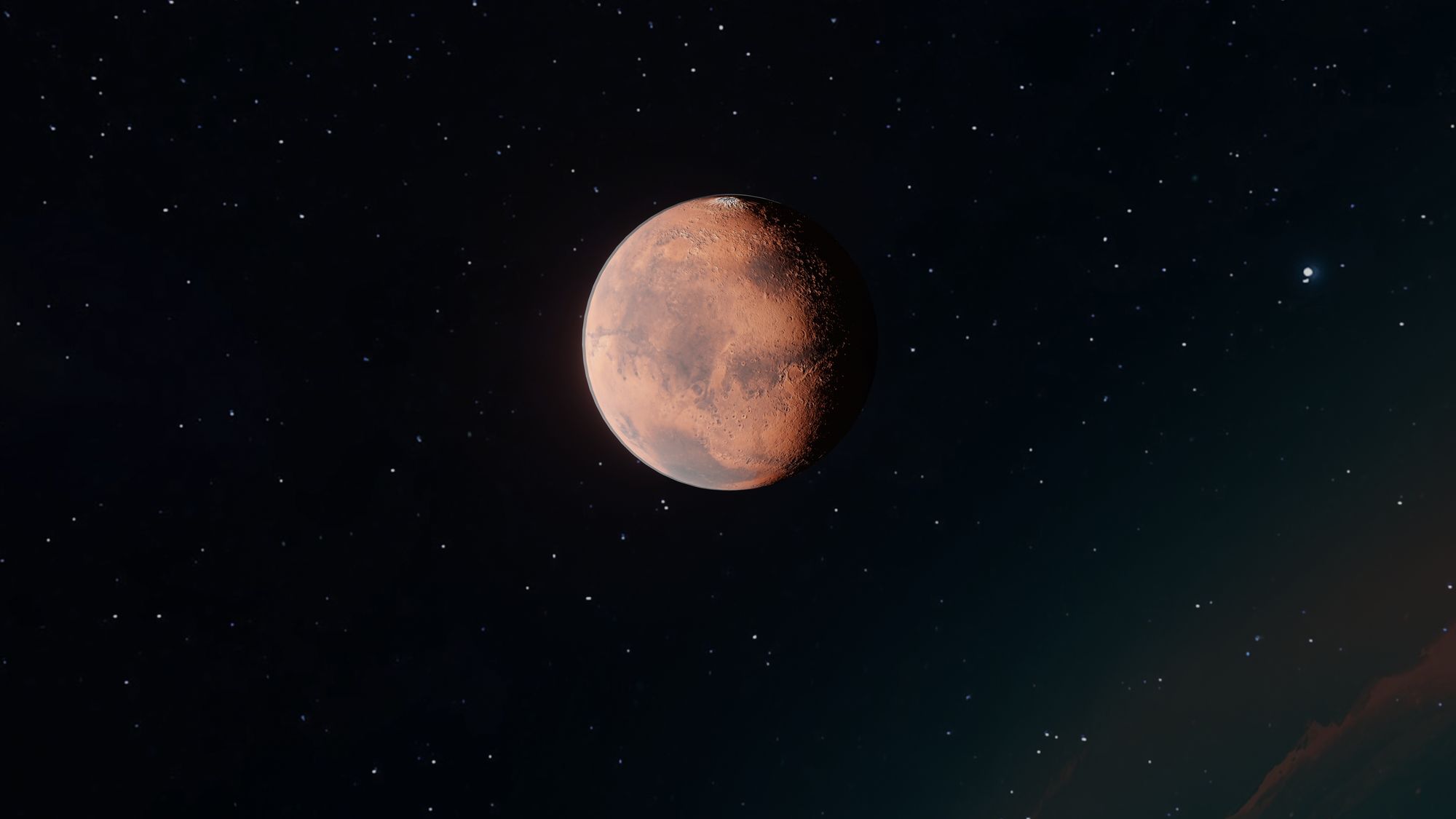 Close-up of Mars against a backdrop of the starry night sky, showcasing its unique terrain.