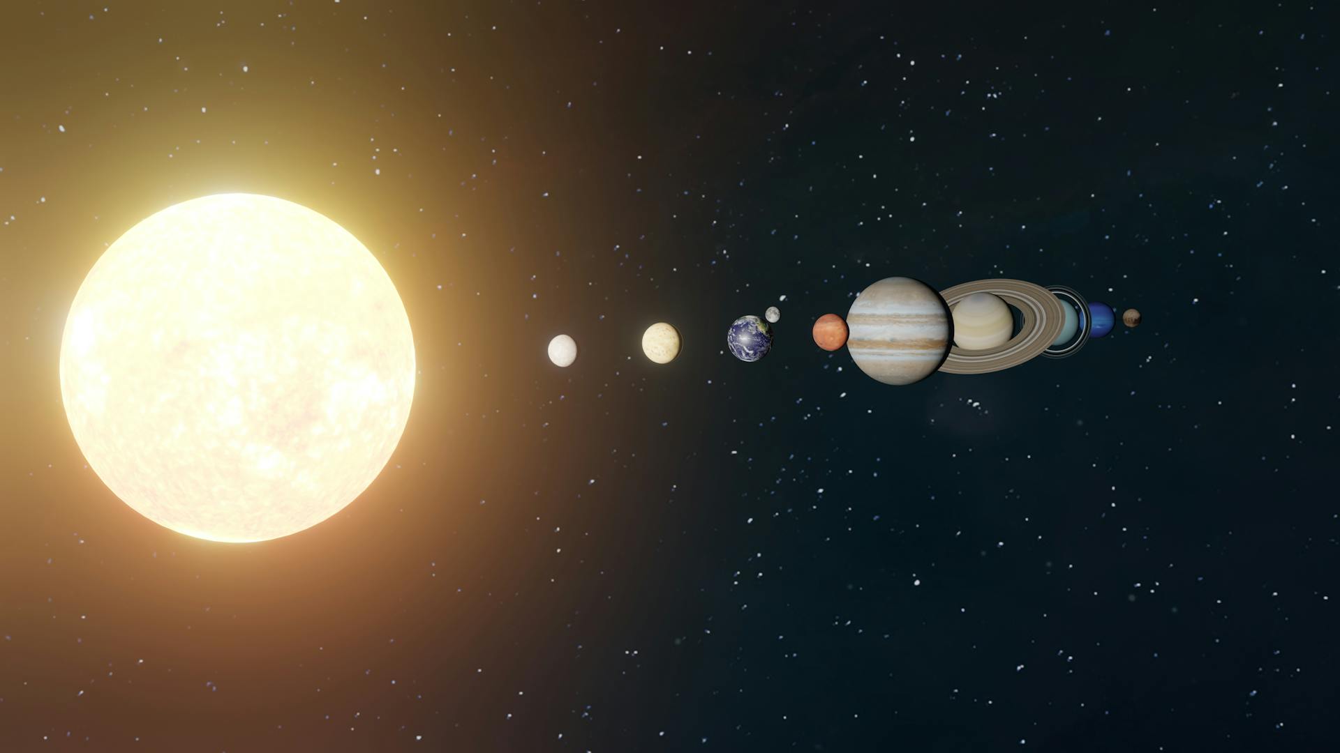 A visual representation of the solar system showing the sun and aligned planets.