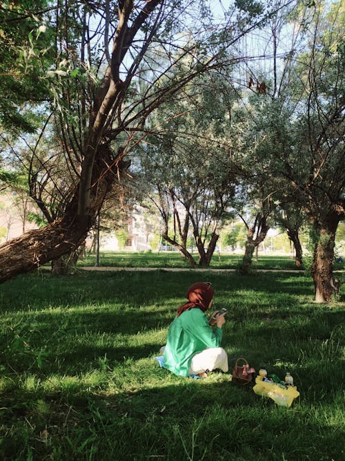 Woman Sitting on Green Grass Field Near Brown Tree