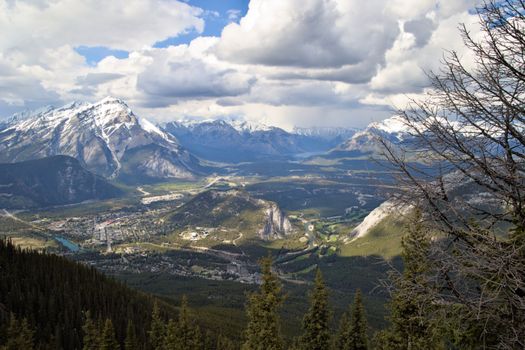 A breathtaking aerial view of Banff National Park showcasing snow-capped mountains and lush valleys.