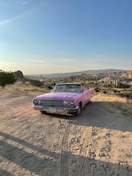 A classic vintage car parked on a dirt road in Göreme, Turkey, under a clear blue sky.