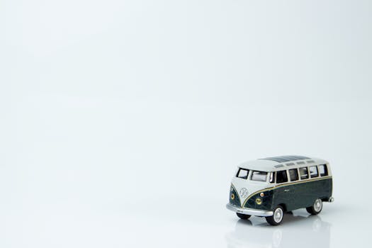 Retro miniature model of a vintage VW bus on a clean white background.