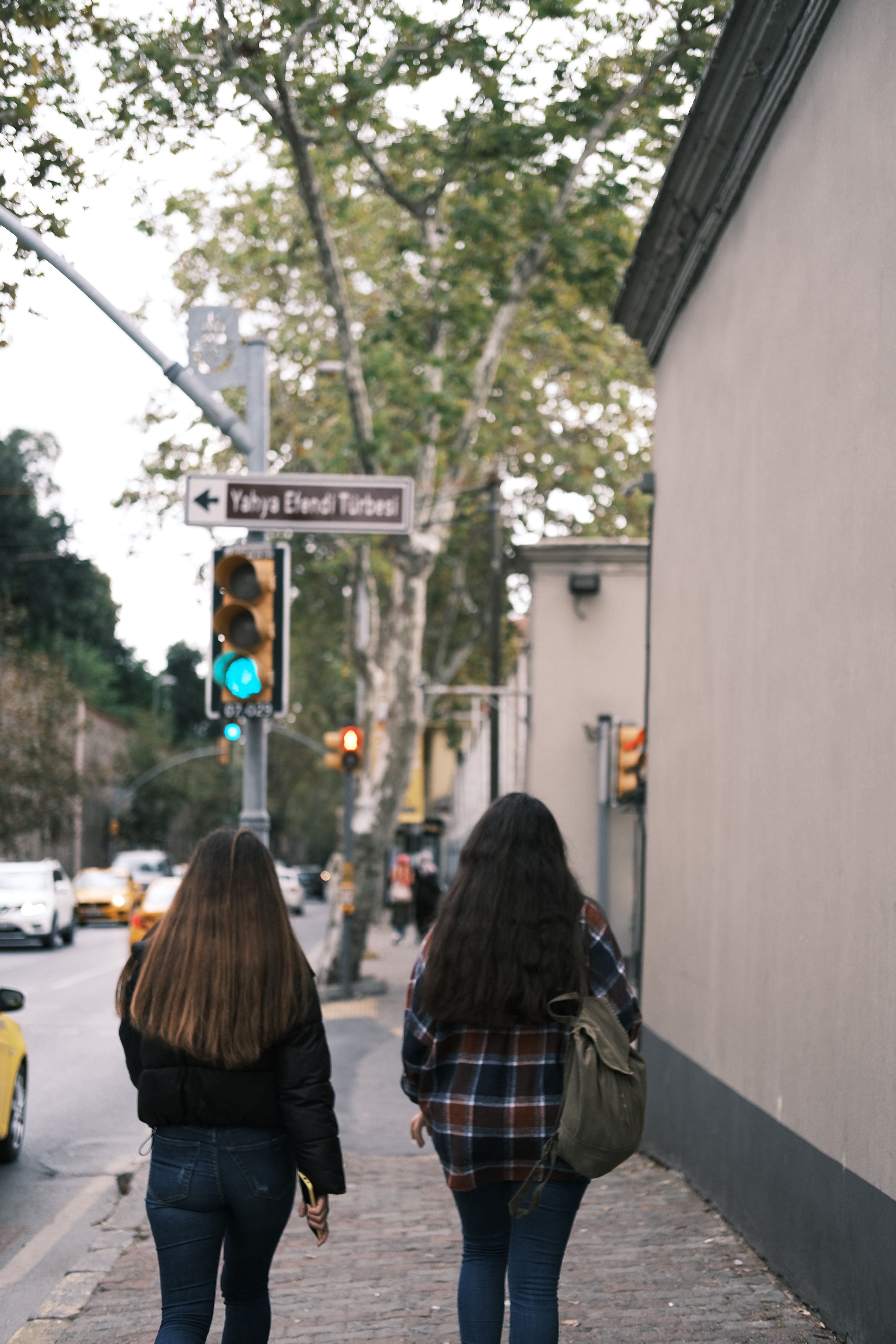Two women walking along a sidewalk in Istanbul, with traffic and trees lining the street.