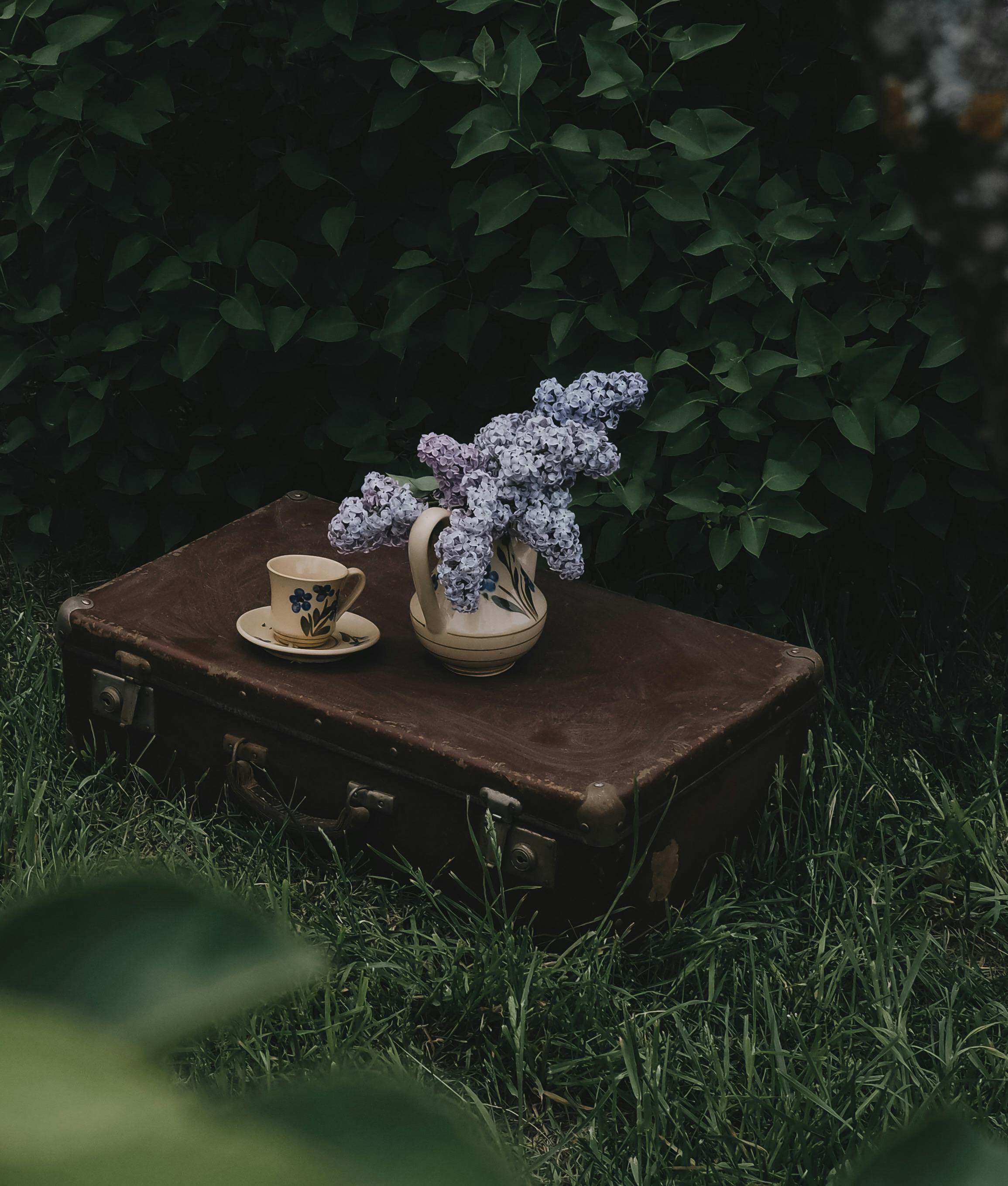 A vintage suitcase topped with a floral vase and tea cup outdoors, embracing rustic charm.