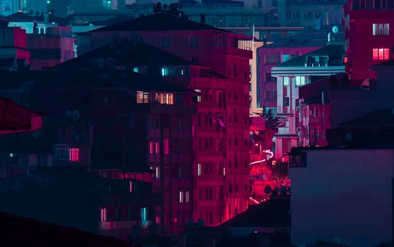 A striking neon-lit cityscape of Istanbul at night, showcasing urban architecture.