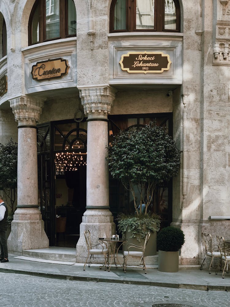 Tables Outside Restaurant In Old Historic Building