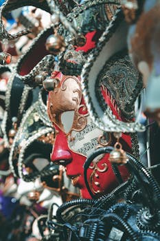 Elegant Venetian masks with intricate details and musical motifs, perfect for festival themes.