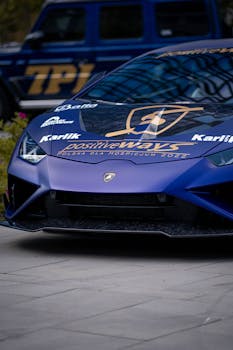 Close-up of a blue Lamborghini Huracan, luxury sports car captured in Warsaw.
