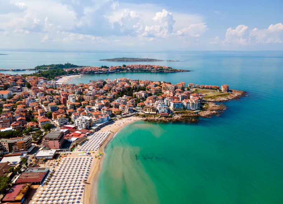 A scenic aerial view of the beautiful Sozopol coastline showcasing its beaches and architecture.