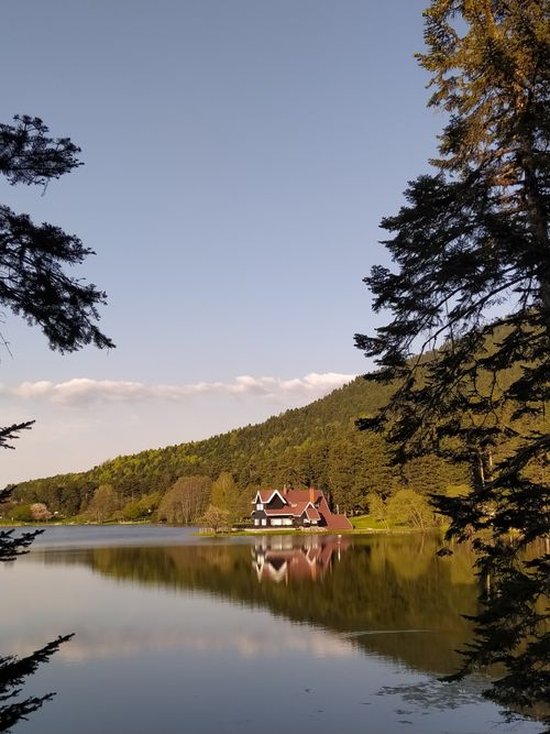 Free Tranquil lake house surrounded by forest with clear sky reflection. Stock Photo
