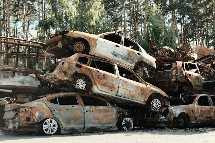 Stacks Junk Cars In A Junkyard