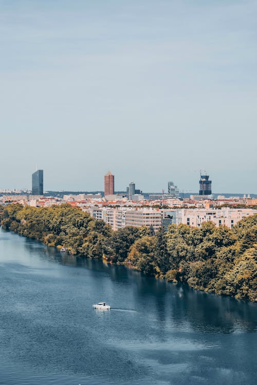 White Boat on Water Near Trees and City Buildings