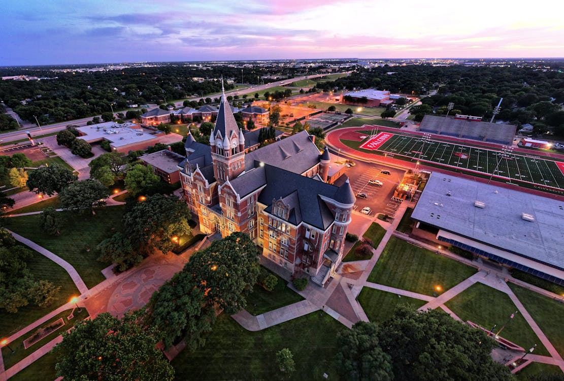 Free Aerial Photography of the Davis Building, Friends University  Stock Photo