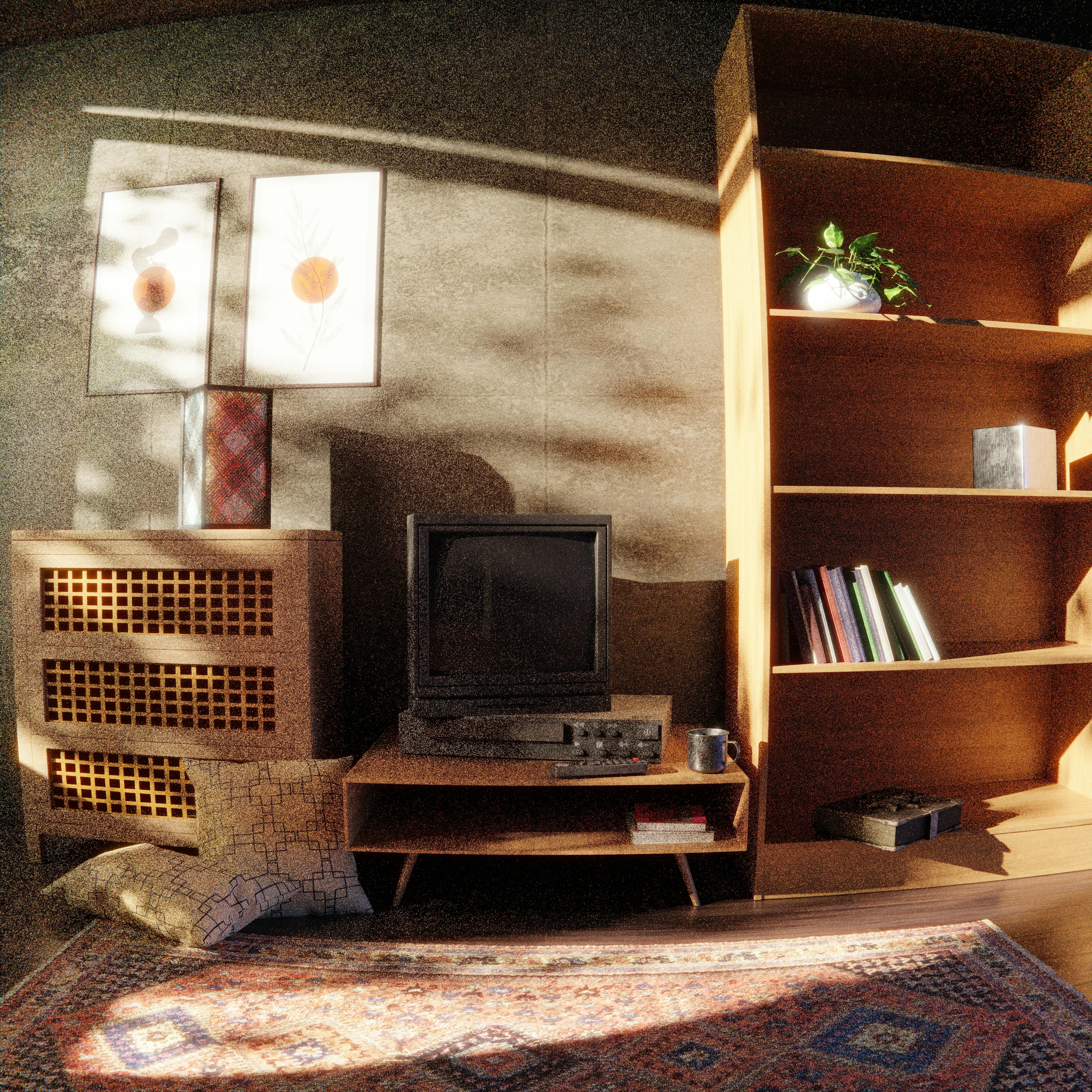 A cozy vintage living room featuring retro decor, a classic television, and warm sunlight.