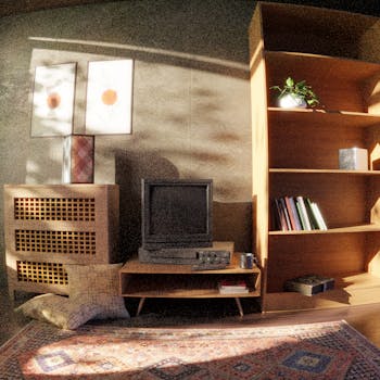 A cozy vintage living room featuring retro decor, a classic television, and warm sunlight.