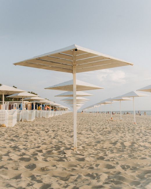 Symmetrical arrangement of white umbrellas on a sandy beach under a clear sky.