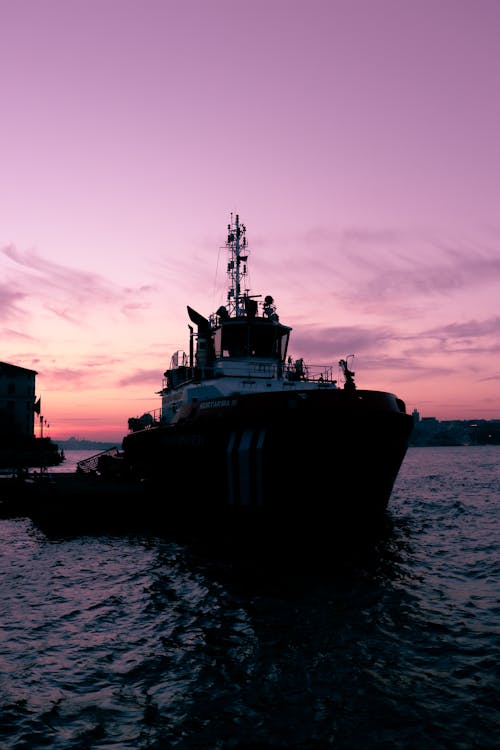 Ship on Dock Under Purple Sky