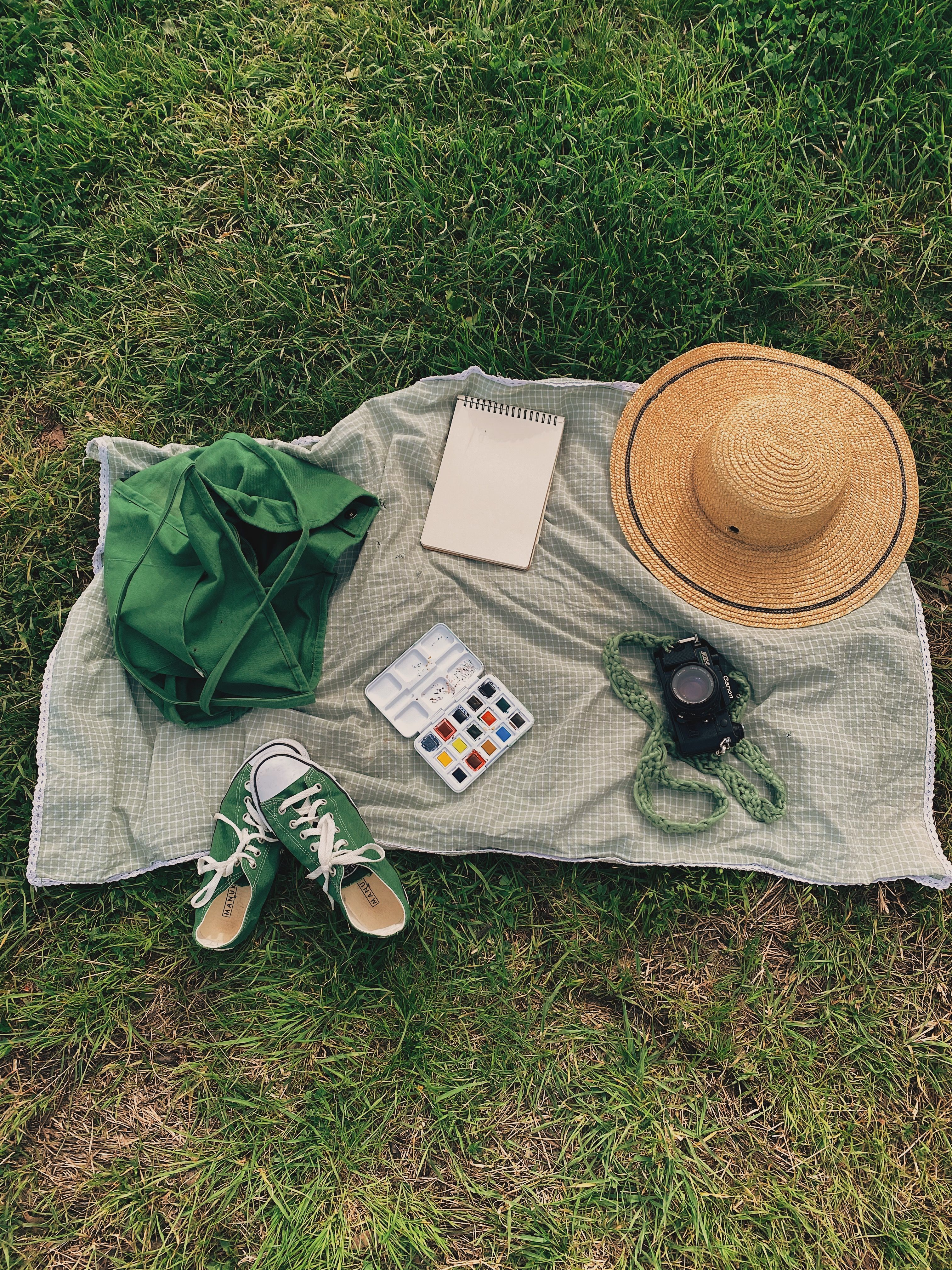 A flat lay of picnic essentials including a notepad, straw hat, and camera on a grassy field.