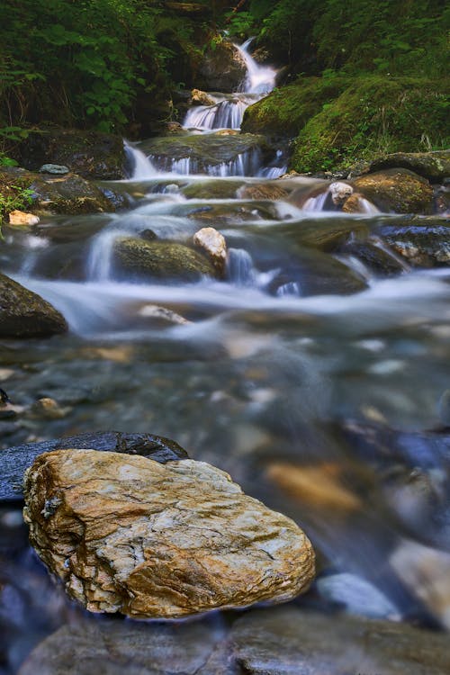 Free Waterfalls Flowing into a Rocky River Stock Photo
