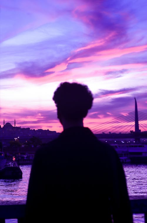 Silhouette of Person Standing Near Body of Water during Sunset