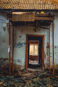 废弃建筑的外墙上，风化的门口涂着涂鸦