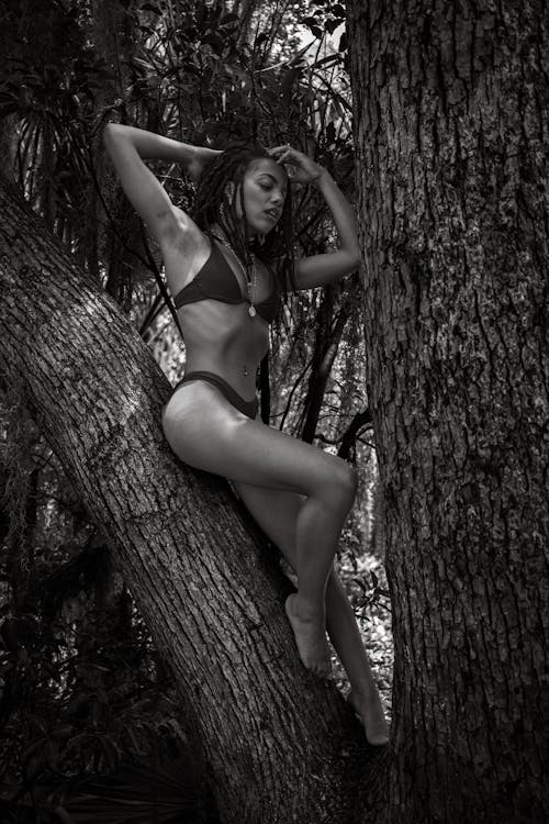 Free Woman in Black Bikini Bottom Climbing on Tree Stock Photo