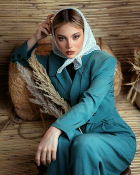 Portrait of a woman in a blue suit and headscarf, seated with a stylish and confident pose.