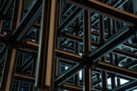 Intricate steel lattice structure showcasing modern geometric industrial design.