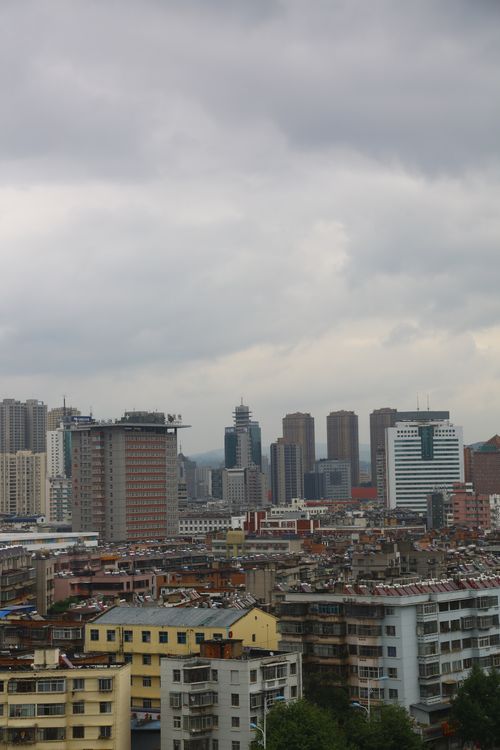 Free City skyline captured from above showcases modern skyscrapers under cloudy skies. Stock Photo